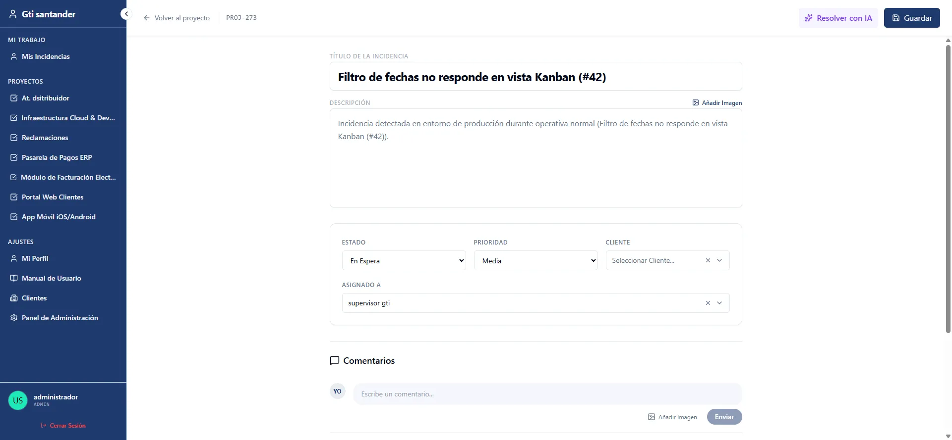 Detalle de incidencia con resolución por IA en Bugio
