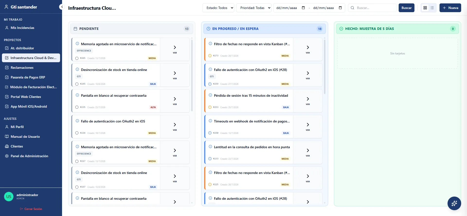 Tablero Kanban de incidencias en Bugio